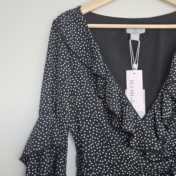 Finders Keepers Black Polka Dot Ruffle Solar Wrap Dress Medium - Picture 7 of 14